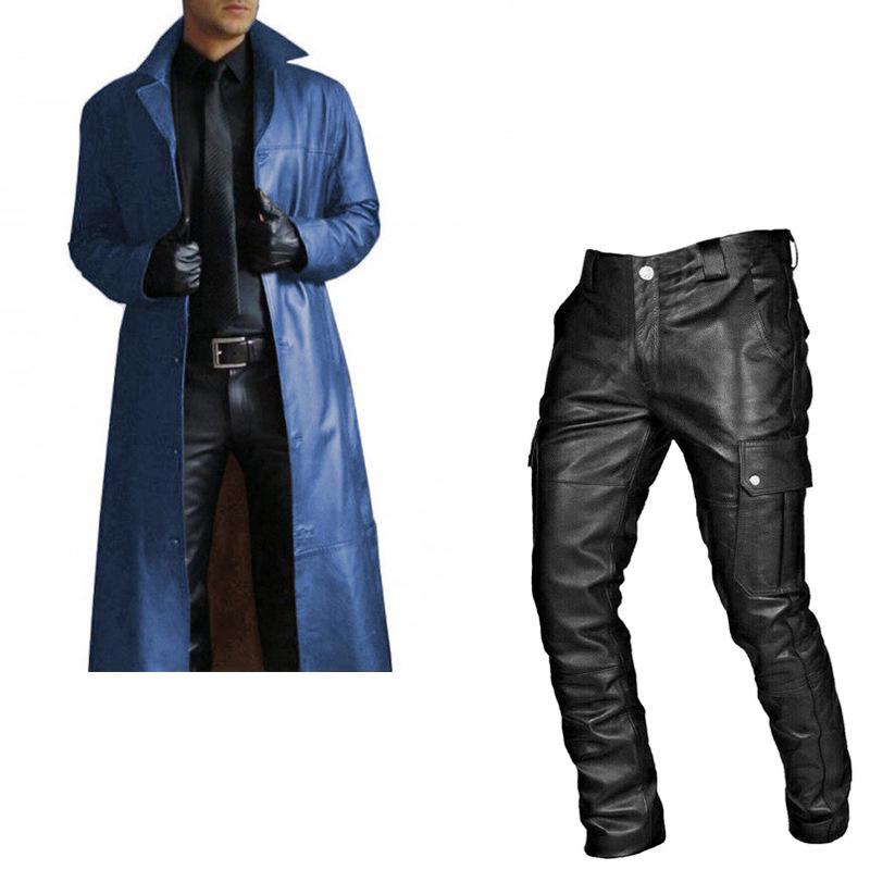 Best-selling men's leather trench coat set, leather jacket and pants two-piece set, PU leather casual set, magician outfit