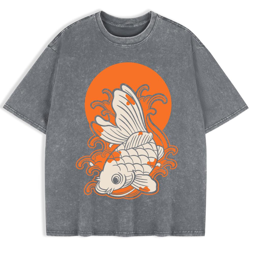 Japanese Koi Harajuku Printed Washed T-Shirts Mens Cotton Oversize T Shirt Summer O-Neck Short Sleeve Tops Casual Men Clothes