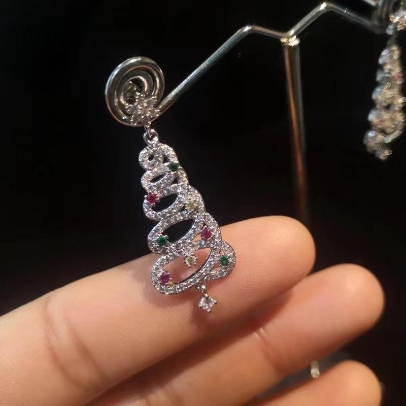Christmas Earrings Colorful Zircon Micro-Inlaid Christmas Tree Delicate Girl Silver Stud Earrings Women