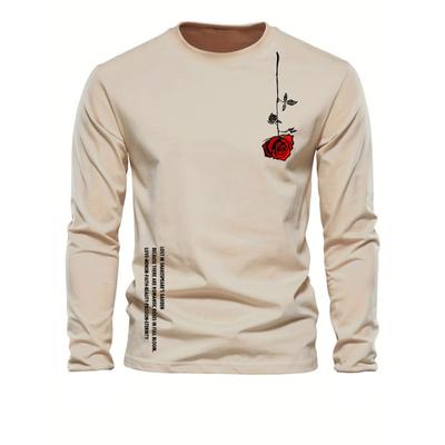 Men's Long Sleeved Round Neck Loose Casual Rose Letter Printed Spring and Autumn Versatile T-shirt Top