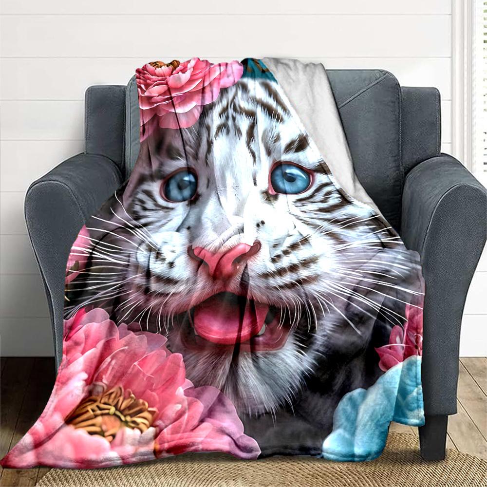 1pc Tiger Cub Flowers Blanket Lightweight Flannel Blanket Throw Blanket For Sofa, Bed, Travel, Camping, Livingroom, Office yy251015153