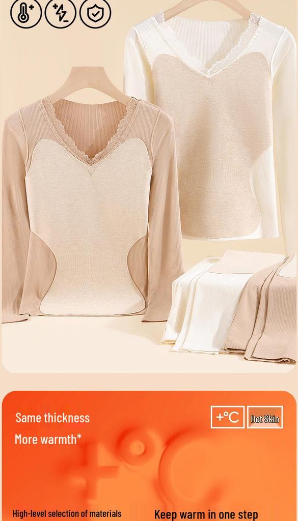 Women's Lace V-neck Warm Lingerie Set: Seamless Slimming Antibacterial Base Layer for Autumn and Winter