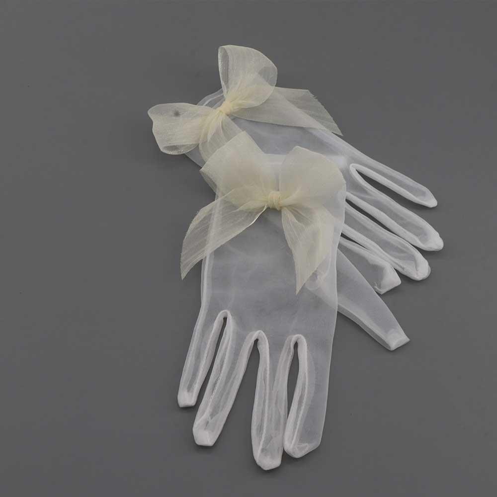 Elegant Sweet Women Summer Girl Bridal Short Wedding Gloves Pearl Finger Gloves Tulle Mittens Bow