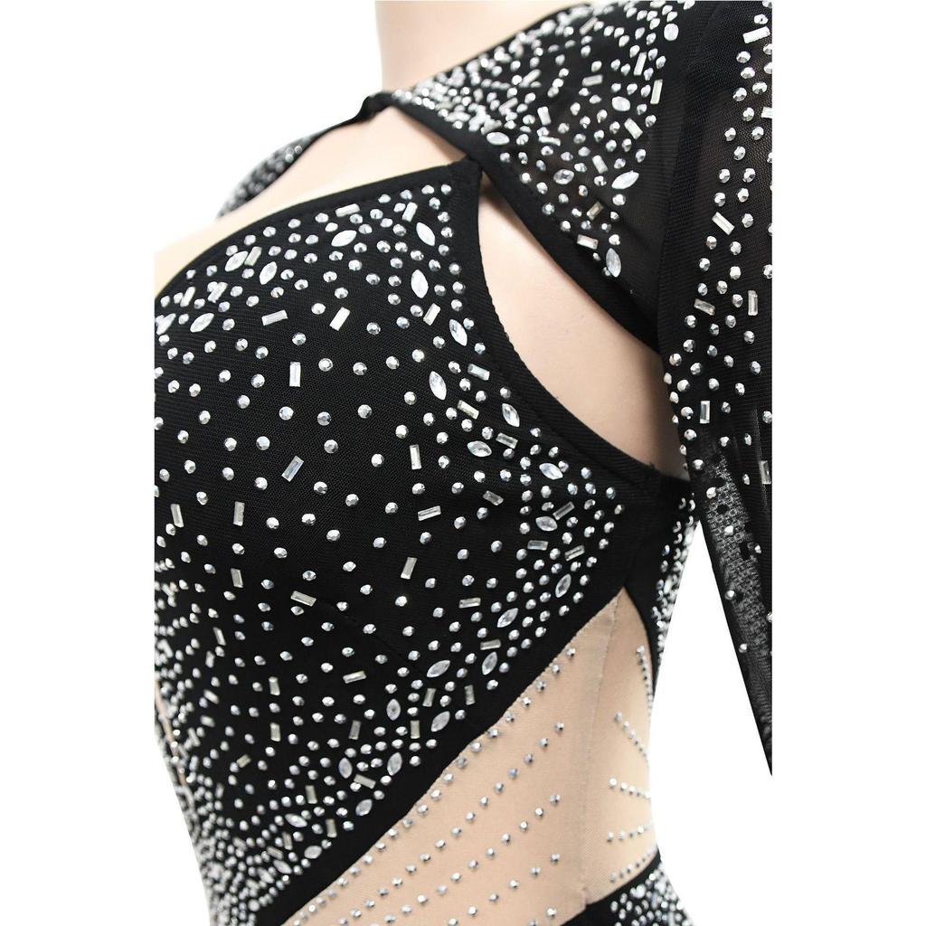 C6312 Fashion Women's Mesh Hot Drilling Solid Color Long Sleeve Short Skirt Dress