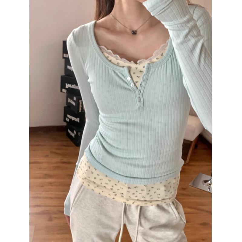 Dam Vår Blommig Patchwork Långärmad T-shirt Design Smickrande Spetskläder