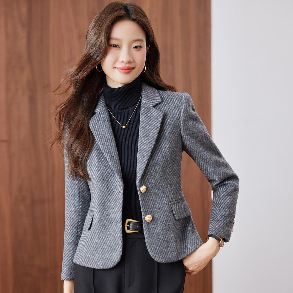 Women's Khaki Striped Wool-Blend Blazer - Slim Fit, Autumn/Winter 2025