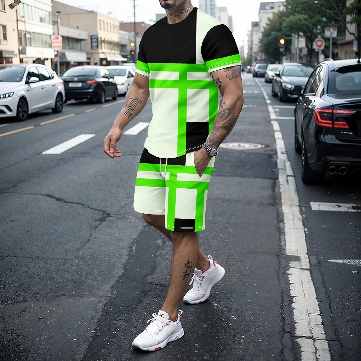 

Летний комплект с короткими рукавами и шортами с 3D-печатным клетчатым лоскутным узором, модный повседневный и персонализированный мужской трендовый спортивный комплект 6XL