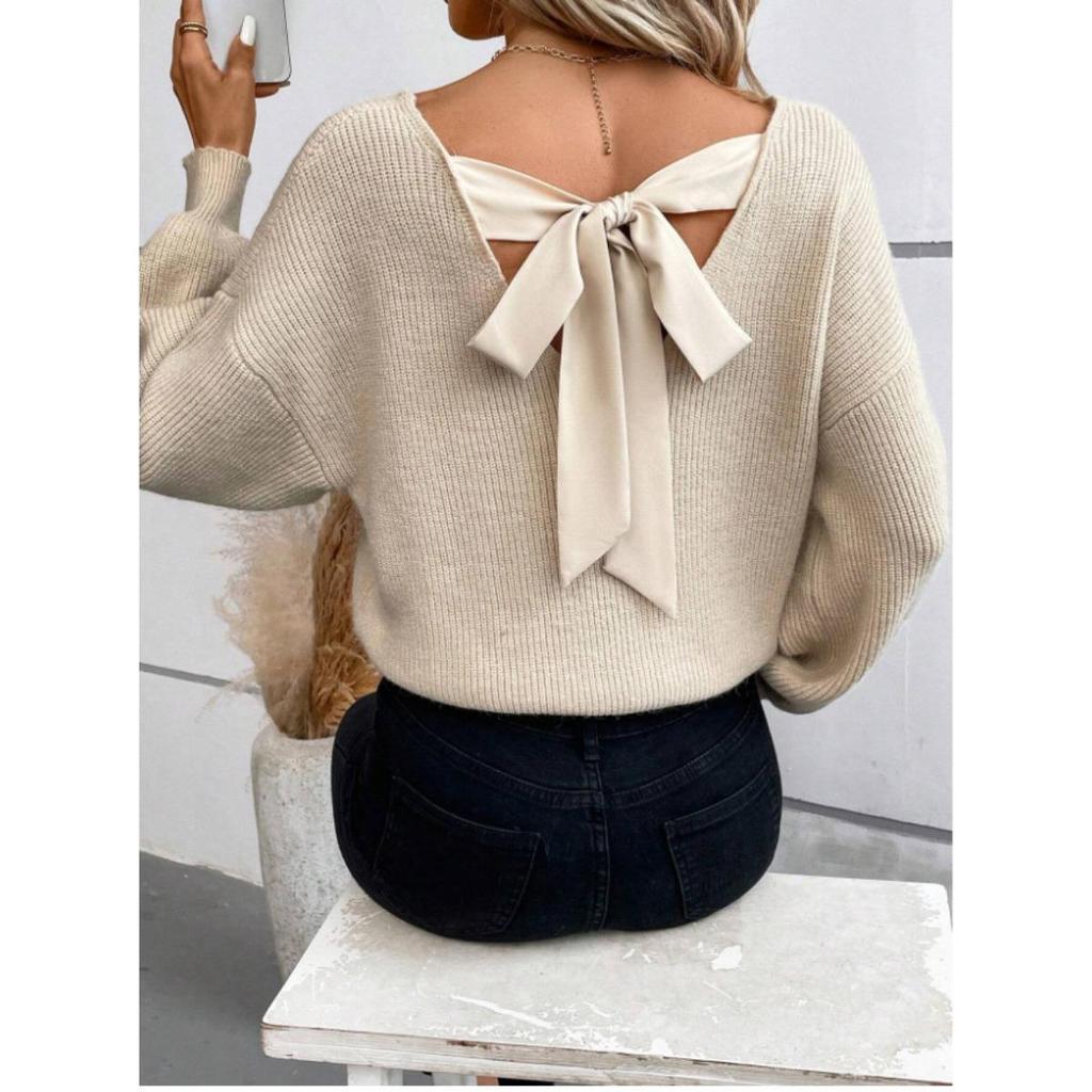 Suéter de Punto de Cuello en V para Mujer Color Sólido Otoño Nuevo Estilo Manga Larga Casual Suelto Top con Lazo para Mujer