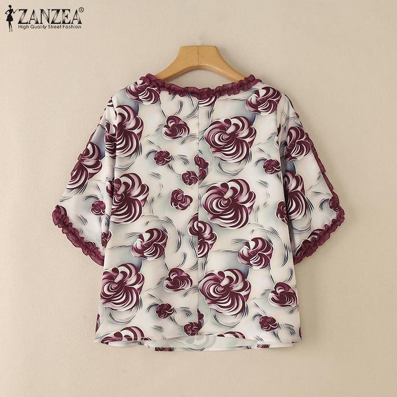 ZANZEA Women Casual Round Neck Short Sleeve Loose Floral Blouse