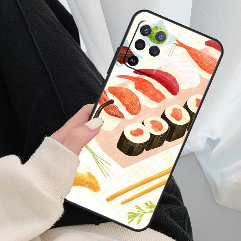 Kawaii Sushi Pattern Case For Oppo A54 A74 A94 A18 A57 A17 A77 A38 A58 A78 A98 A80 A60 A40 A96 A76 A16 A15 A5 Pro