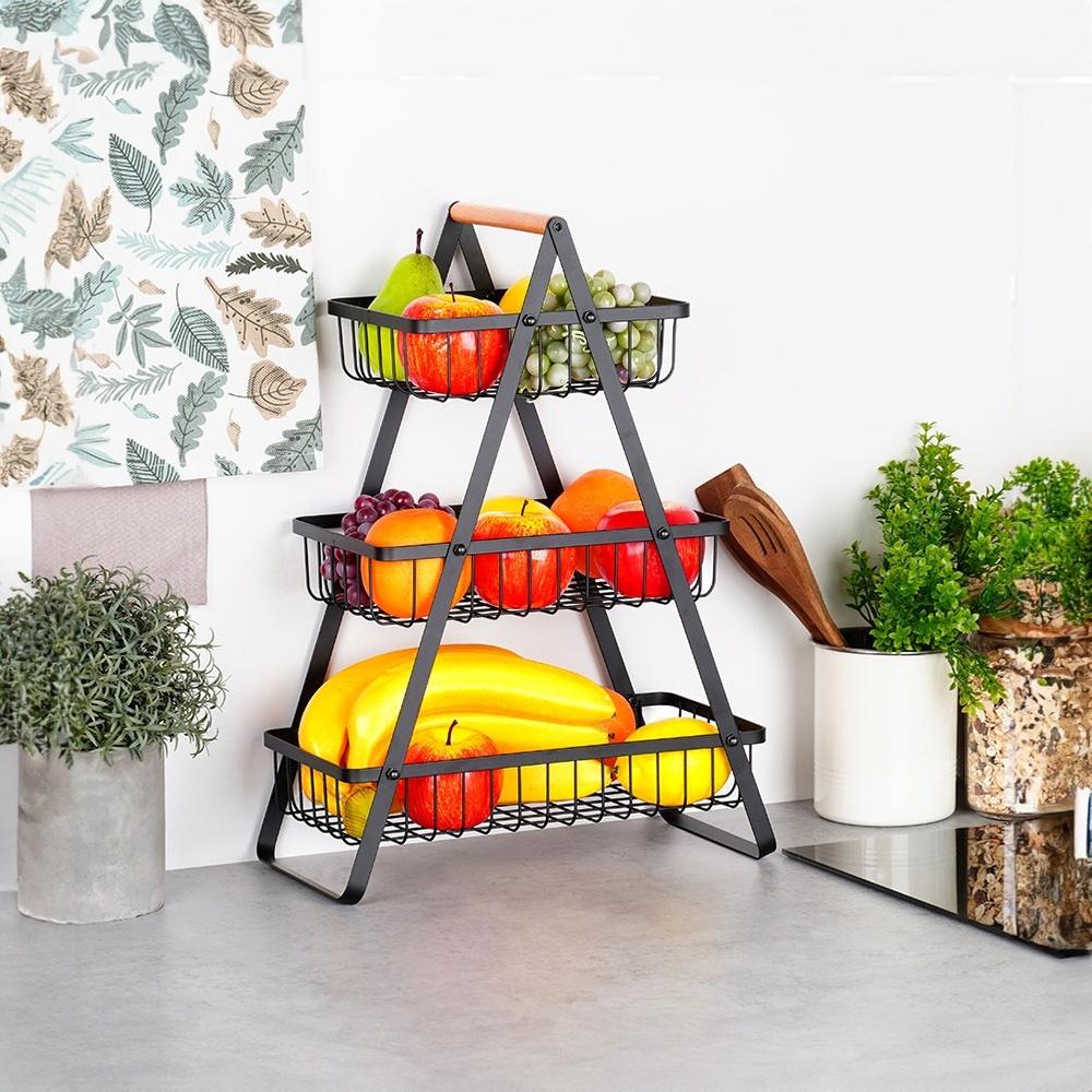 Three-tier basket for fruits and vegetables, black metal platter