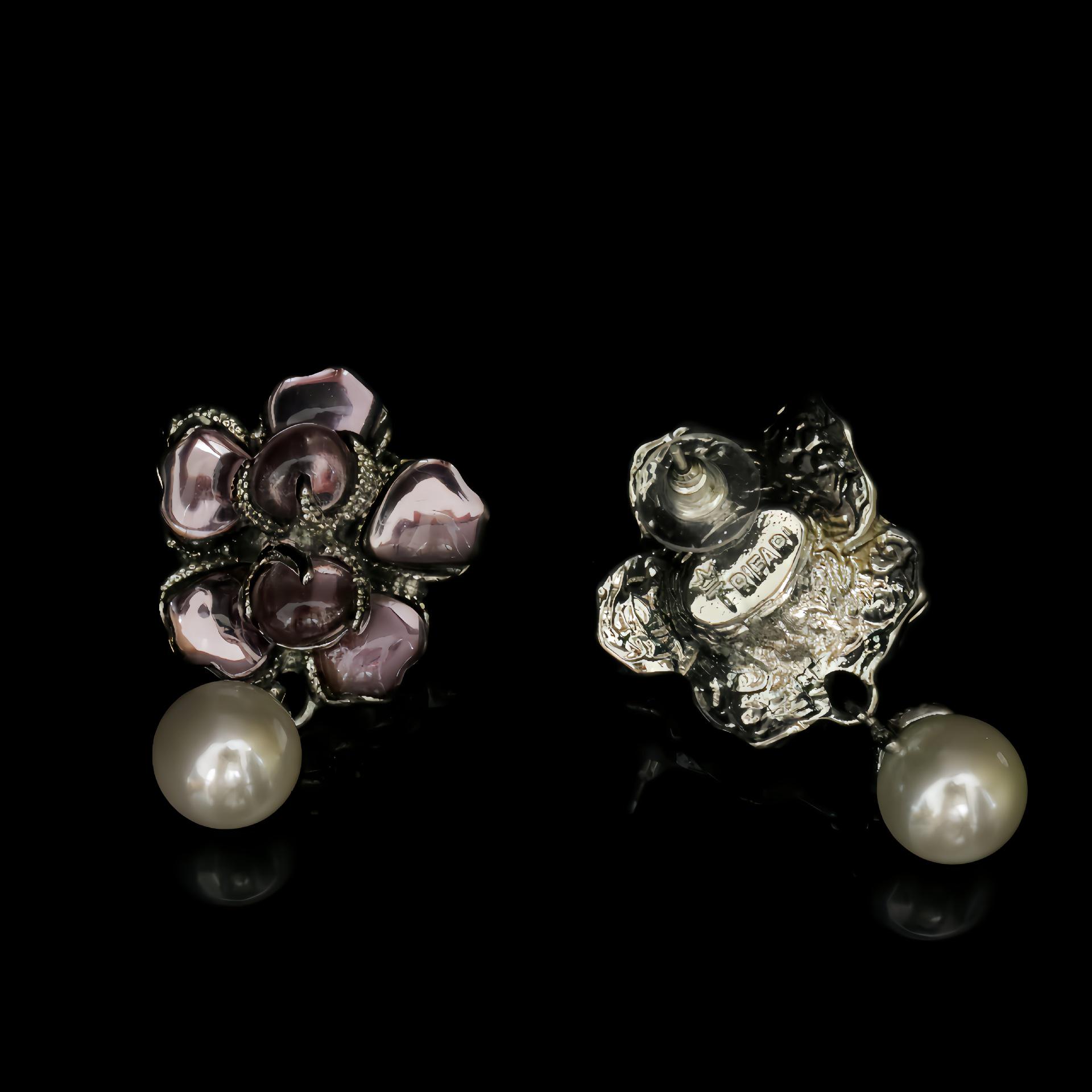 Elegant French Purple Glass Flower Earrings  Double-Layer Pearl Necklace Set