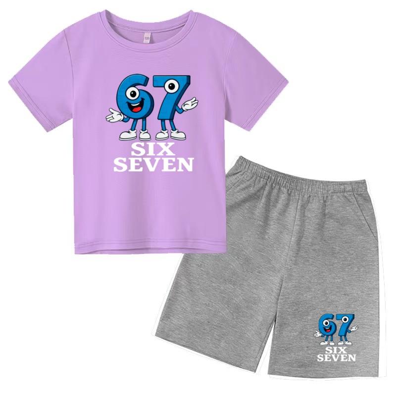 Children Summer Six Seven 67 Cartoon Print Casual Set Clothes T-shirt+Shorts 2P Charming Boy Girl Toddler 3-12 Yrs Short-sleeved