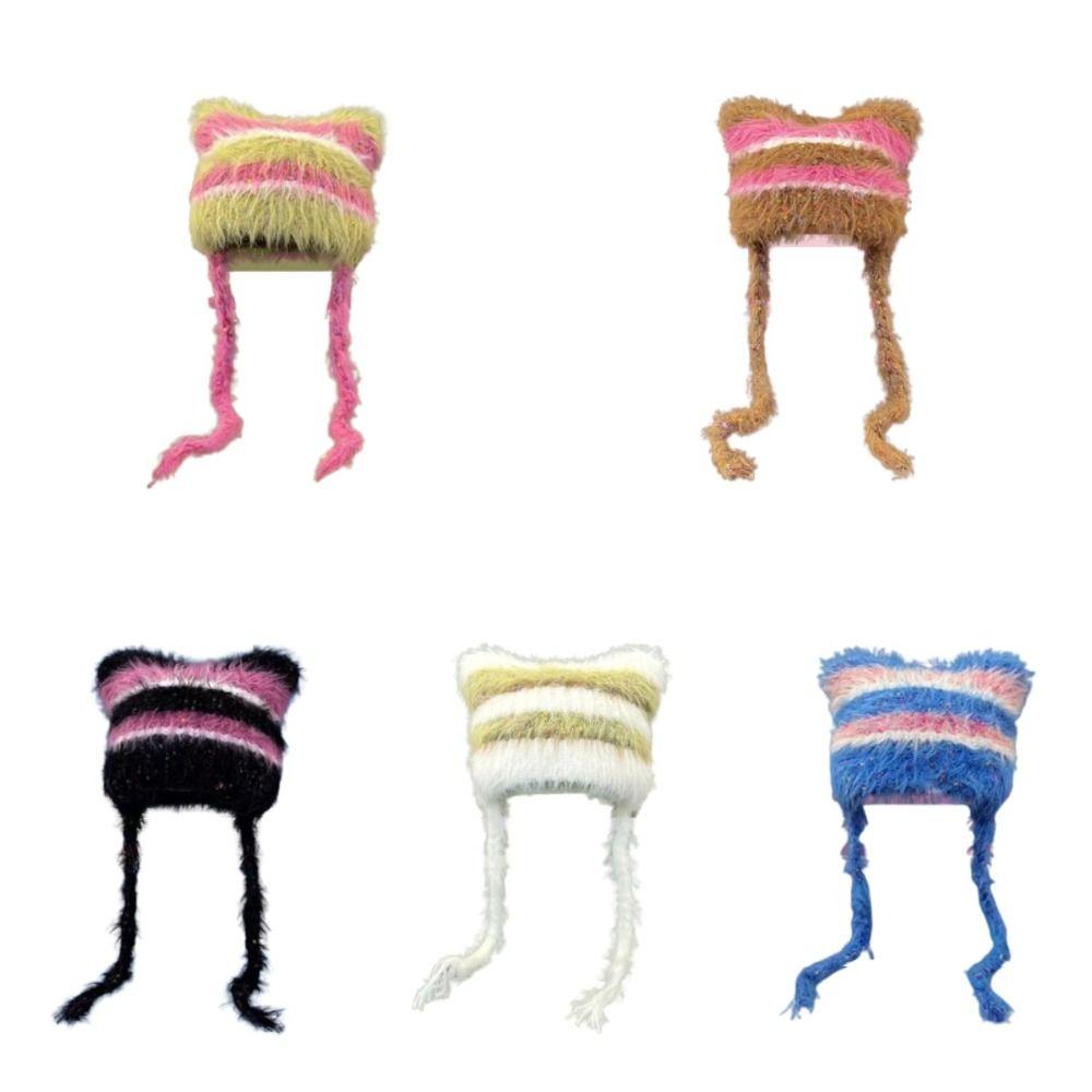 

Mink Hair Contrast Stripe Cap Cat Ear Wool Pullover Hat Sweet Ear Protective Hat Skiing