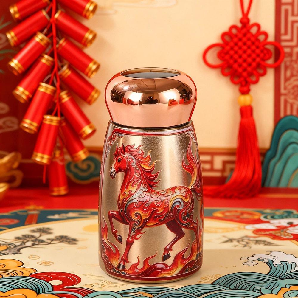 304 Stainless Steel Horse Year Insulated Cup 230ml Leak-Proof Coffee Mug Chinese Style Temperature Display Thermal Water Bottle