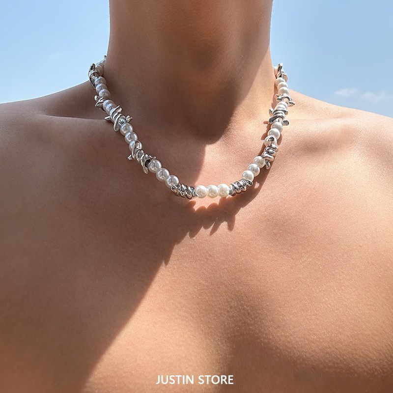 

Shijia Thorn Patchwork Pearl Necklace Men s European and American Hip Hop Style Choker Light Luxury Niche Design High Sense Men s Chain Thorn Pearl Necklace [45+5cm]