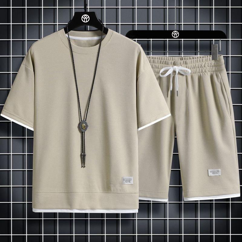 Men's Waffle Summer Suit Casual T-shirt + Shorts Suit Men's Tracksuit Solid Color Tracksuit