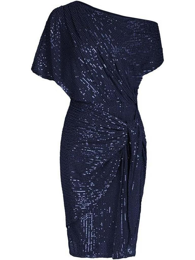 Shiny Sequin Trim One-Shoulder Beaded Mesh Formal Dress for Women