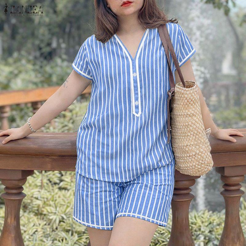 

ZANZEA Women Short Sleeve Blouse and Shorts Casual Stripe Print Two Piece Suit Sets синий