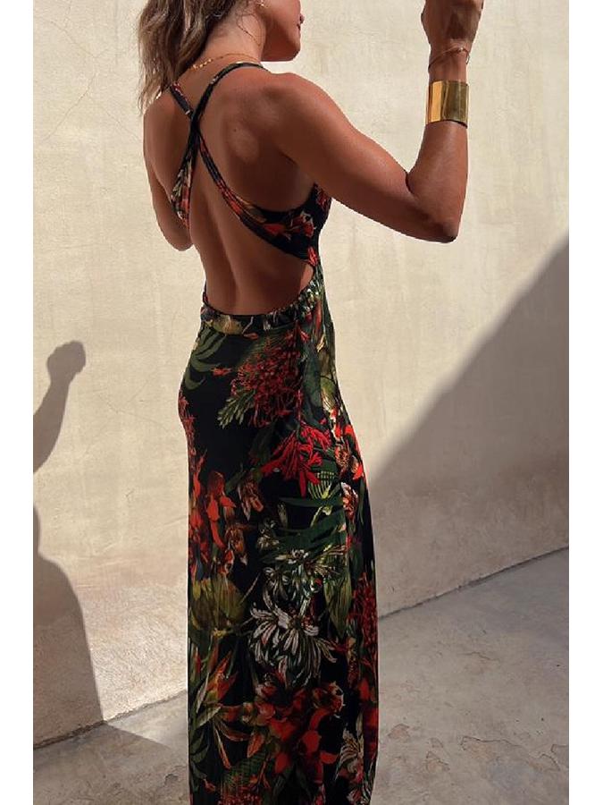 2023 European & American Sexy Print Spaghetti Strap Vacation Dress for Women