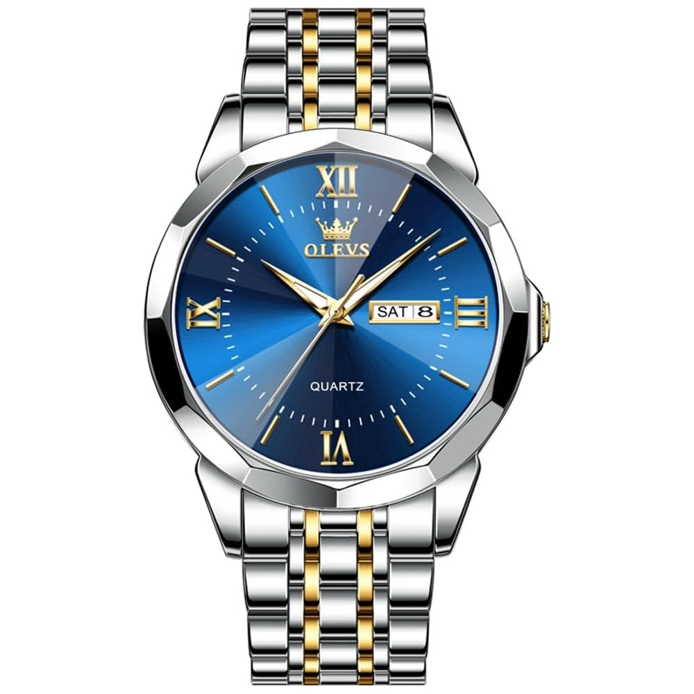 OLEVS Men s Chronograph Watch 40mm Stainless Steel Band Date Display Waterproof Gold Blue White