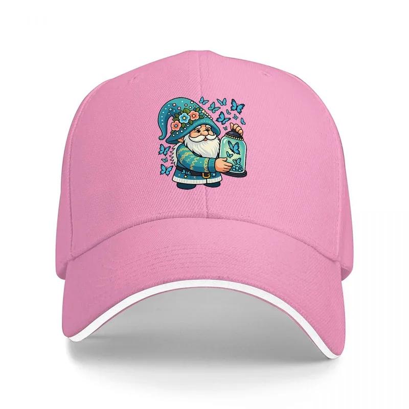 Garden Gnome Holding Blue Jar With Butterflies Baseball Cap Artistic Nature Inspired Design Black Hat With White Trim Adjustable розовый