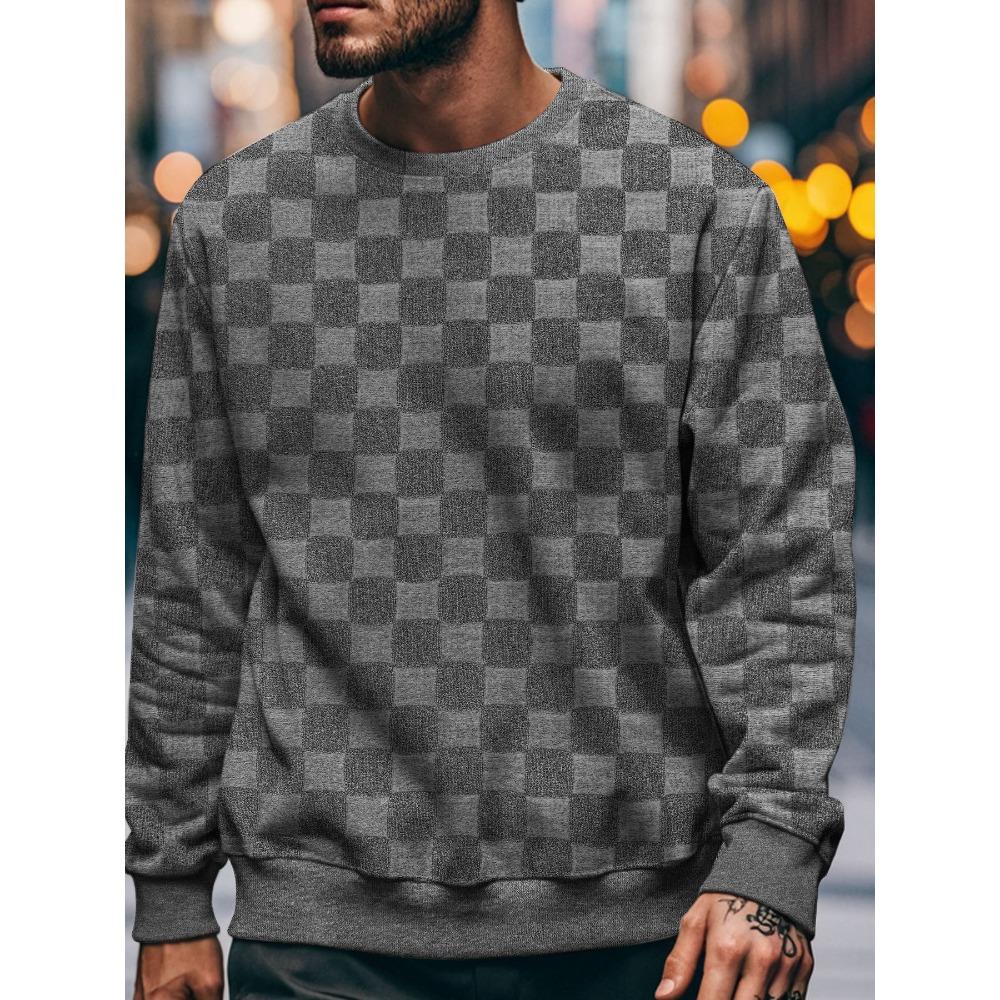 Fashion-forward men's relaxed-fit terry-embroidered checkered long-sleeved crew-neck sweatshirt