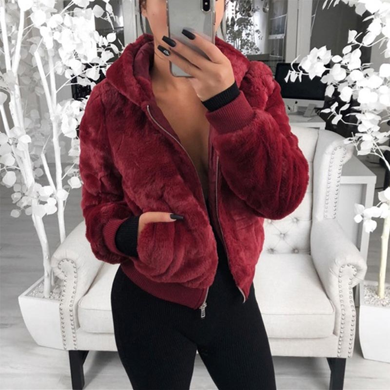 Winter Autumn Hooded Cropped Coats and Jackets Fluffy Fleece Jackets Faux Fur Coat Warm Outwear Clothing