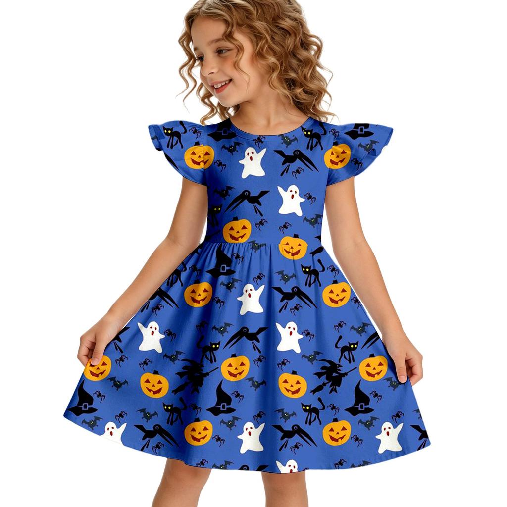 Girls Halloween Casual Dress Round Neck Ruffle Sleeve A-Line Dress Soft Comfortable Fabric Suitable for Daily Wear and Parties