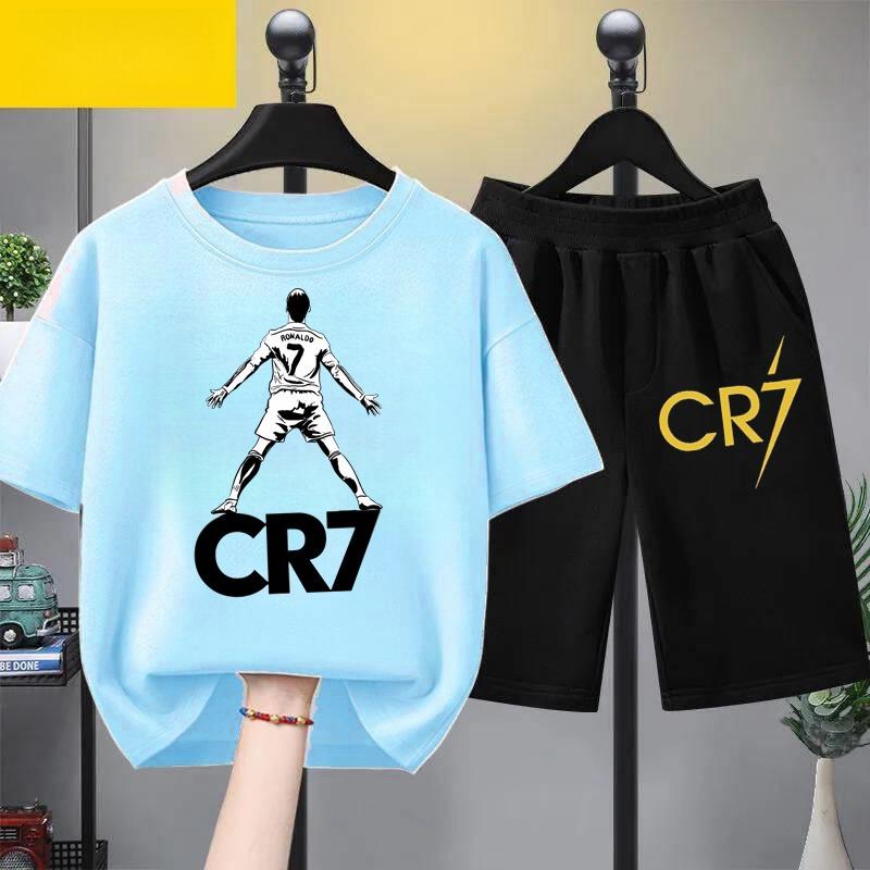 Kids Summer Children Clothing CR7 Soccer Star Print Short Sleeve Top Shorts 2pcs Set Soft Sports Tracksuit Outfit Wear