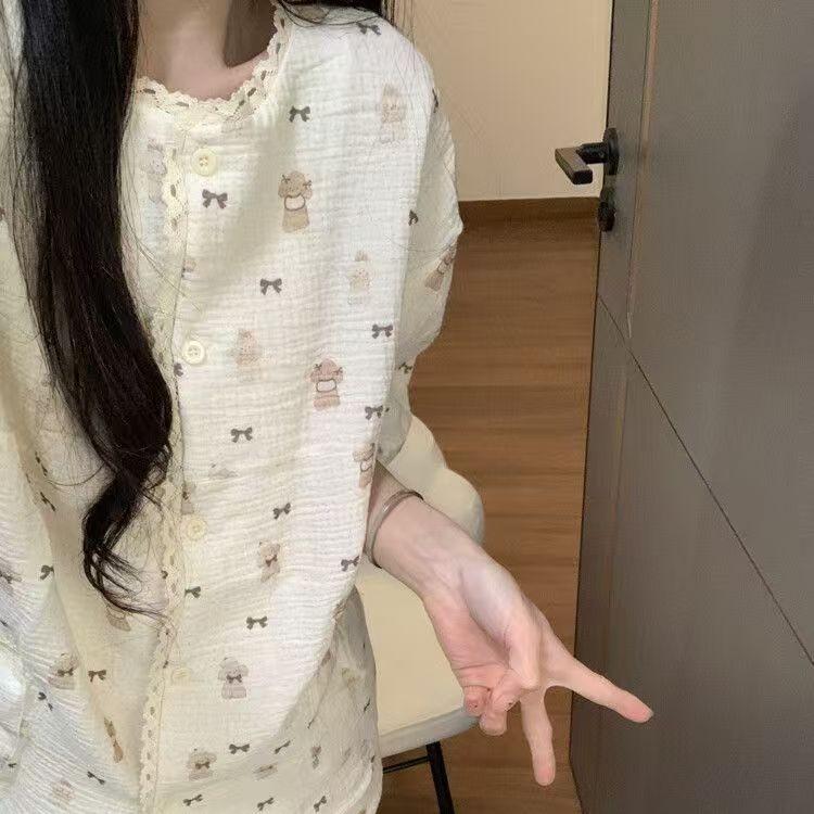 

Lace bow puppy pajamas women s summer short-sleeved shorts ins style suit beautiful girl can wear loungewear s [recommended weight 35-40kg ]
