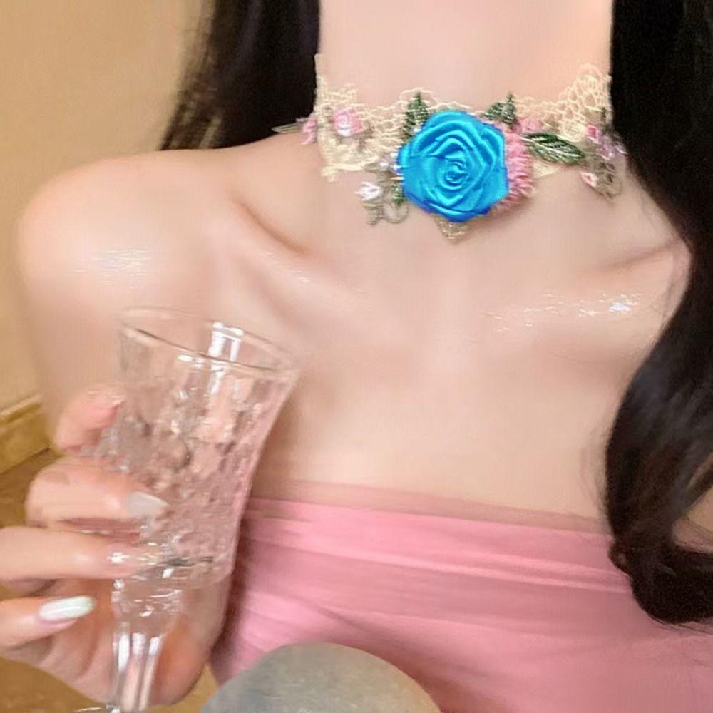 French Style Rose Choker Necklace Textured Sweet Fabric Choker Adjustable Lace Flower Choker  Women