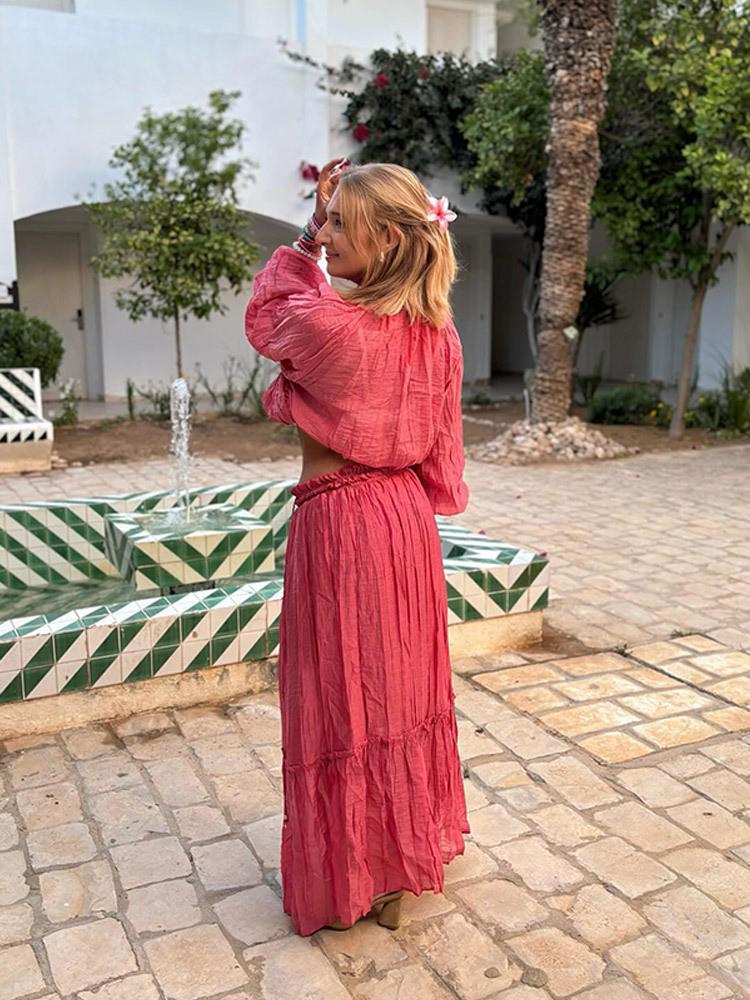 ZA Women's 2025 Spring European & American Style Crinkle Ruffle Stand Collar Short Top and Midi Skirt Set