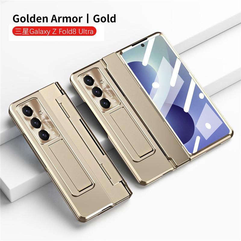 Plating with Glass Film Hinge Protection Case for Samsung Galaxy Z Fold 8 Ultra 7 6 5 4 3 Fold8 5G Bracket Holder Stand Cover