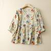Summer Cotton Linen Floral Top Women's Mid Sleeve Oversized Loose Short Sleeved Shirt