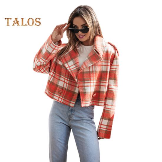 

Осень-зима Женская куртка с отложным воротником и клетчатым принтом, длинные рукава, свободный кардиган с пуговицами, английская короткая верхняя одежда, пальто M оранжевый