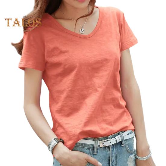 

Женская футболка с V-образным вырезом и коротким рукавом, свободная футболка, однотонная, мягкая, эластичная, летняя, топы на каждый день XL оранжевый