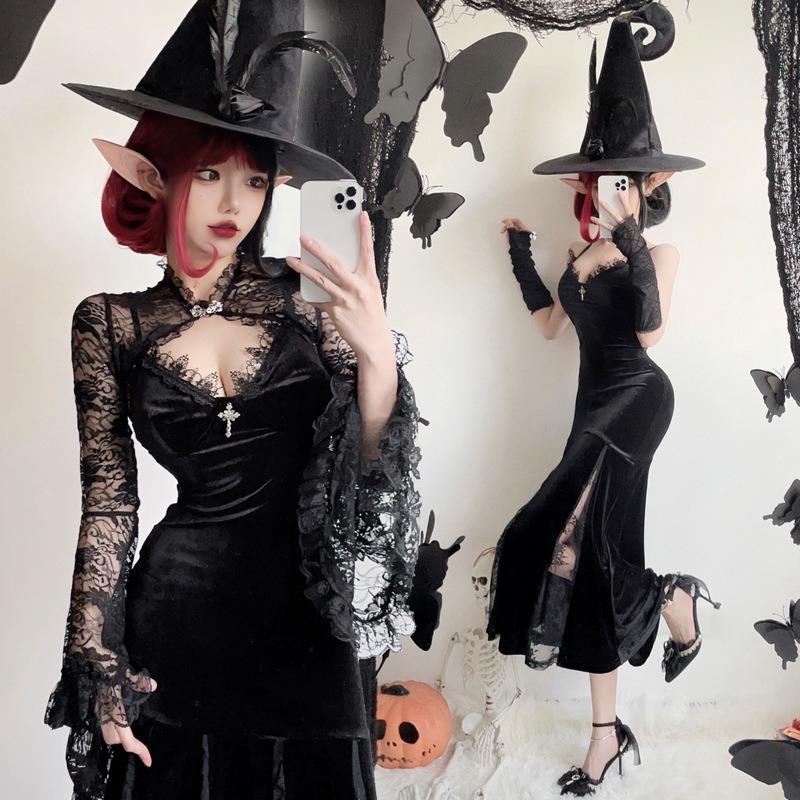 Dark goth halloween costume black dress long sexy witch costume
