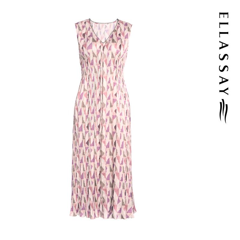 ELLASSAY Women's 2025 Summer Pleated V-Neck Midi Dress