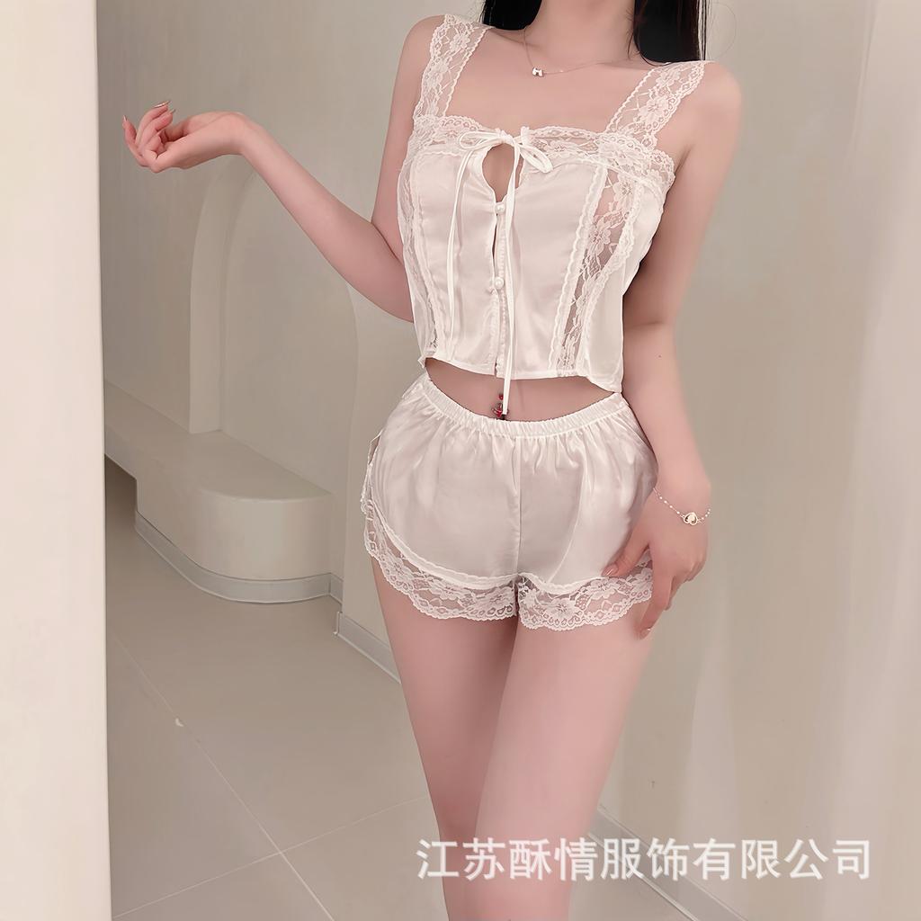Crispy Sexy Sweet and Spicy Women's Summer Ice Silk Thin Pure Desire Suspender Shorts Two-piece Set Lace Temptation Set
