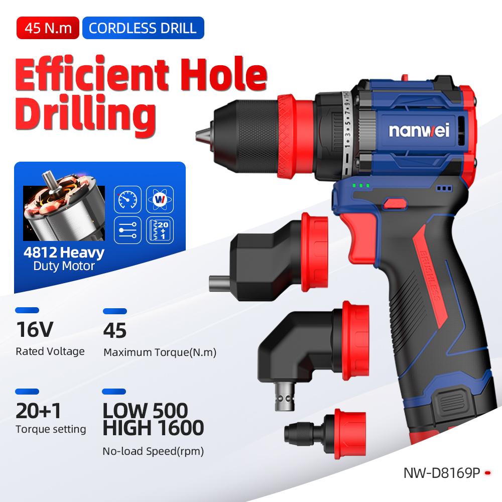 NANWEI 4-in-1 Electric Drill with Multiple Heads,brushless Motor 16 V, 45 Nm