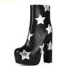 Fashion Women's Fashion Pu Leather Boots Star Stitching Platform Block Heel Ankle Boots Black Round Toe Side Zipper Classic Ankle Boots