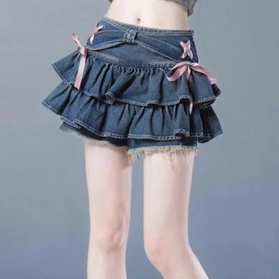 Japonská džínová sukně Y2k Mini Dámské Kawaii Pružný pas Patchwork A-Line Roztomilé sexy volánky Džíny Sukně Šortky léto