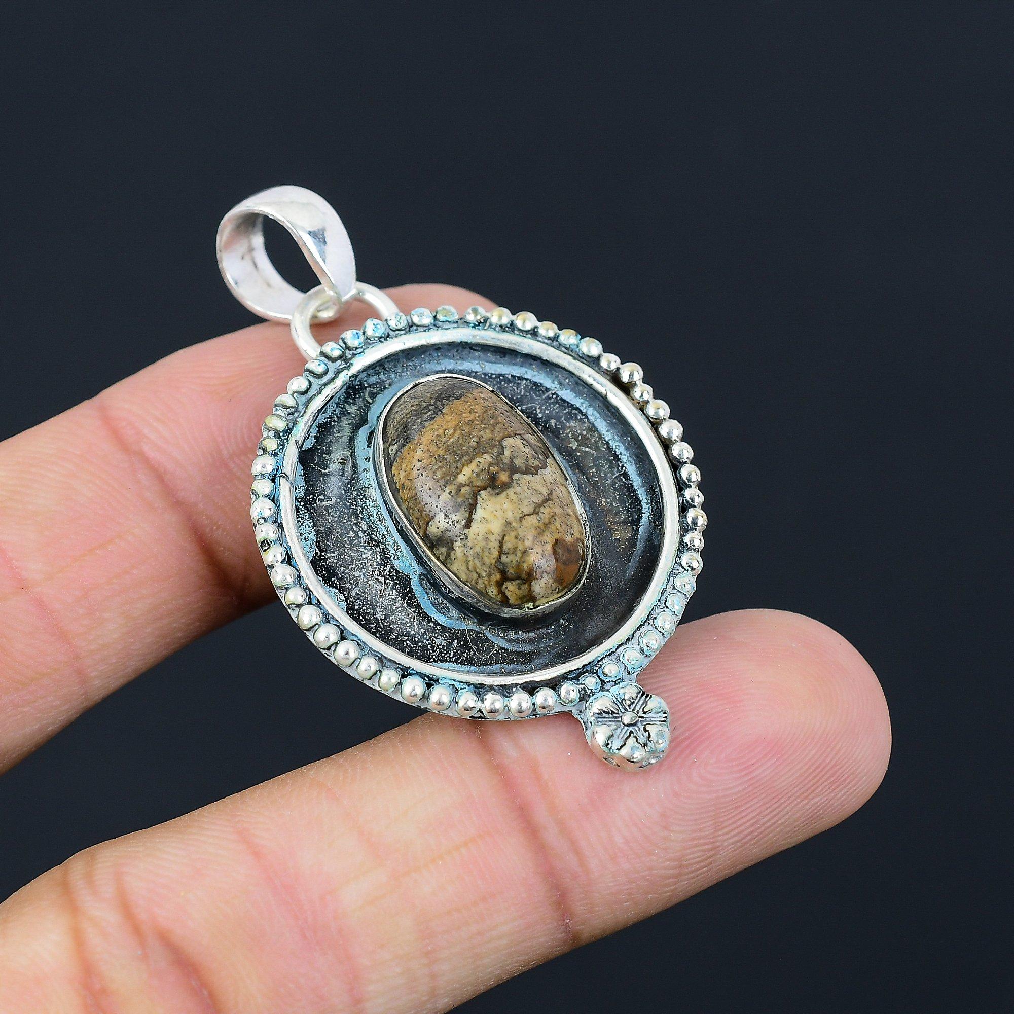 Friendship Day Sale Natural Picture Jasper Anniversary Pendant Sterling Silver