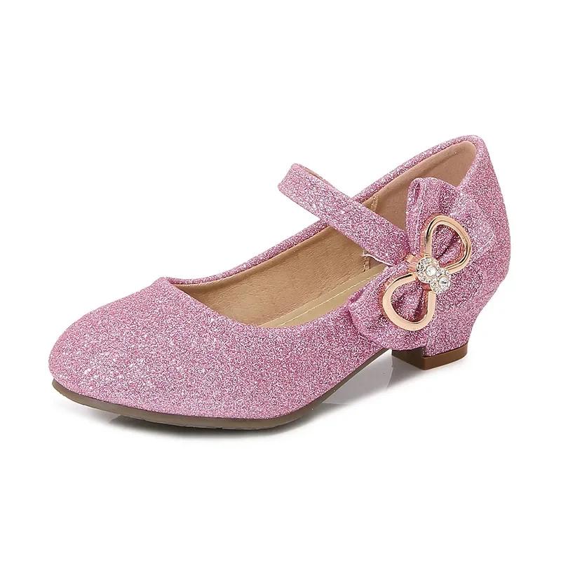 New Luxury Girl Shoes Sweet Sequins Kids Leather Shoe for Princess Wedding Party Fashion Elegant Versatile Children High Heels