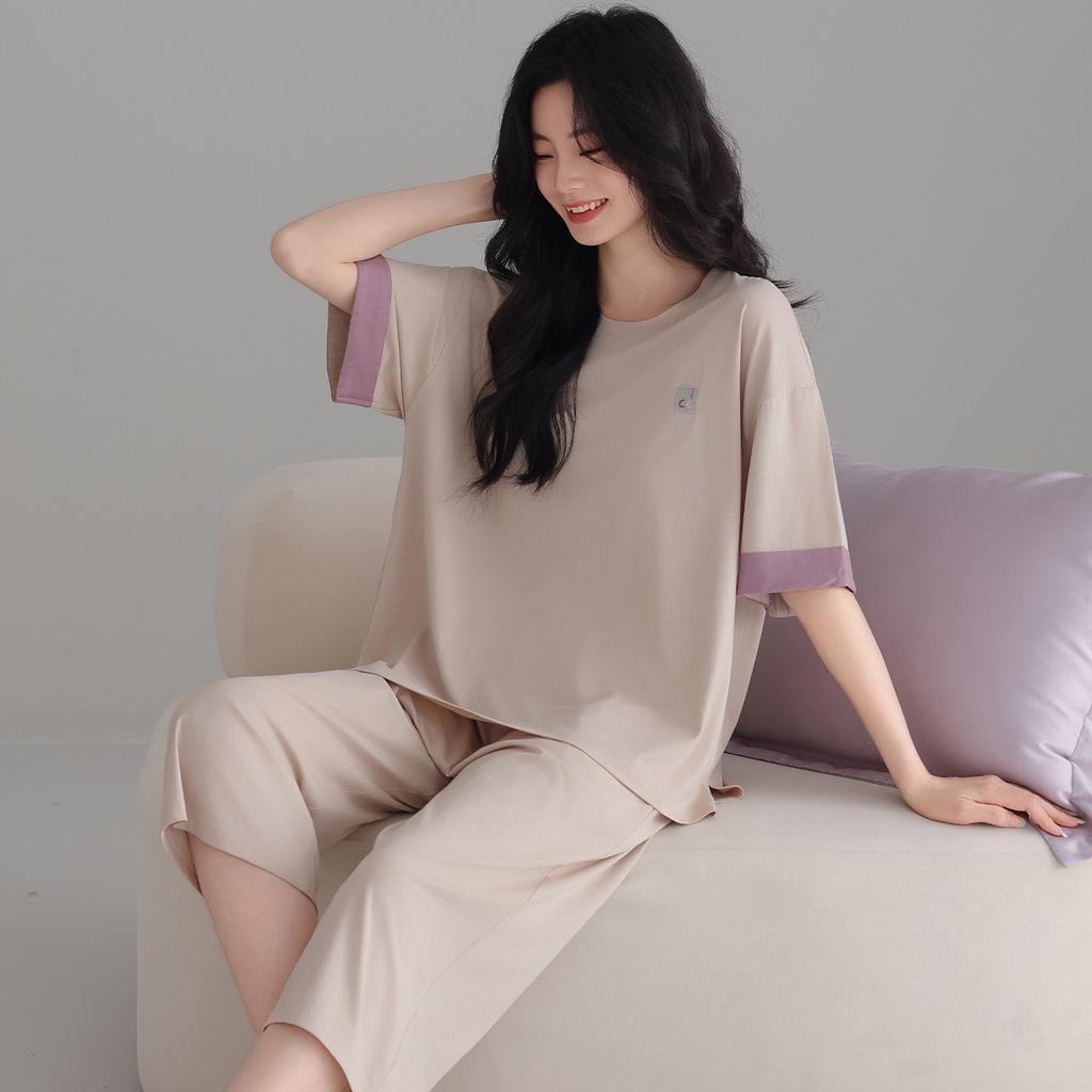 Modal cotton pajamas with chest pads women's summer 1011 simple cool ice silk short-sleeved pants outer wear loungewear set