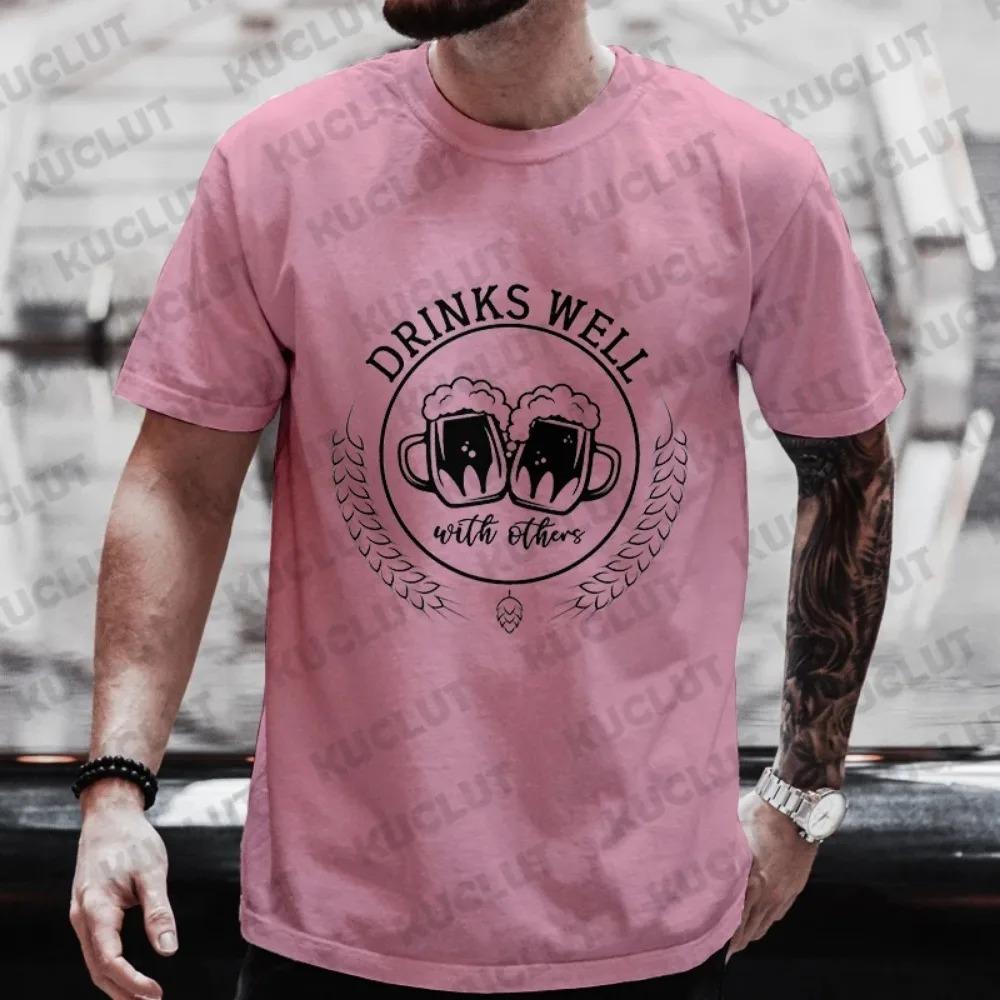 Drinks Well with Others Graphic T Shirt for Men Funny Beer Clothes Plus Size Matching Tees Outfit Short Sleeve Tops Streetwear
