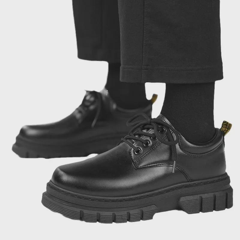 Men's Black Lace-Up Leather Shoes: Casual, Formal, Height-Boosting, Round Toe