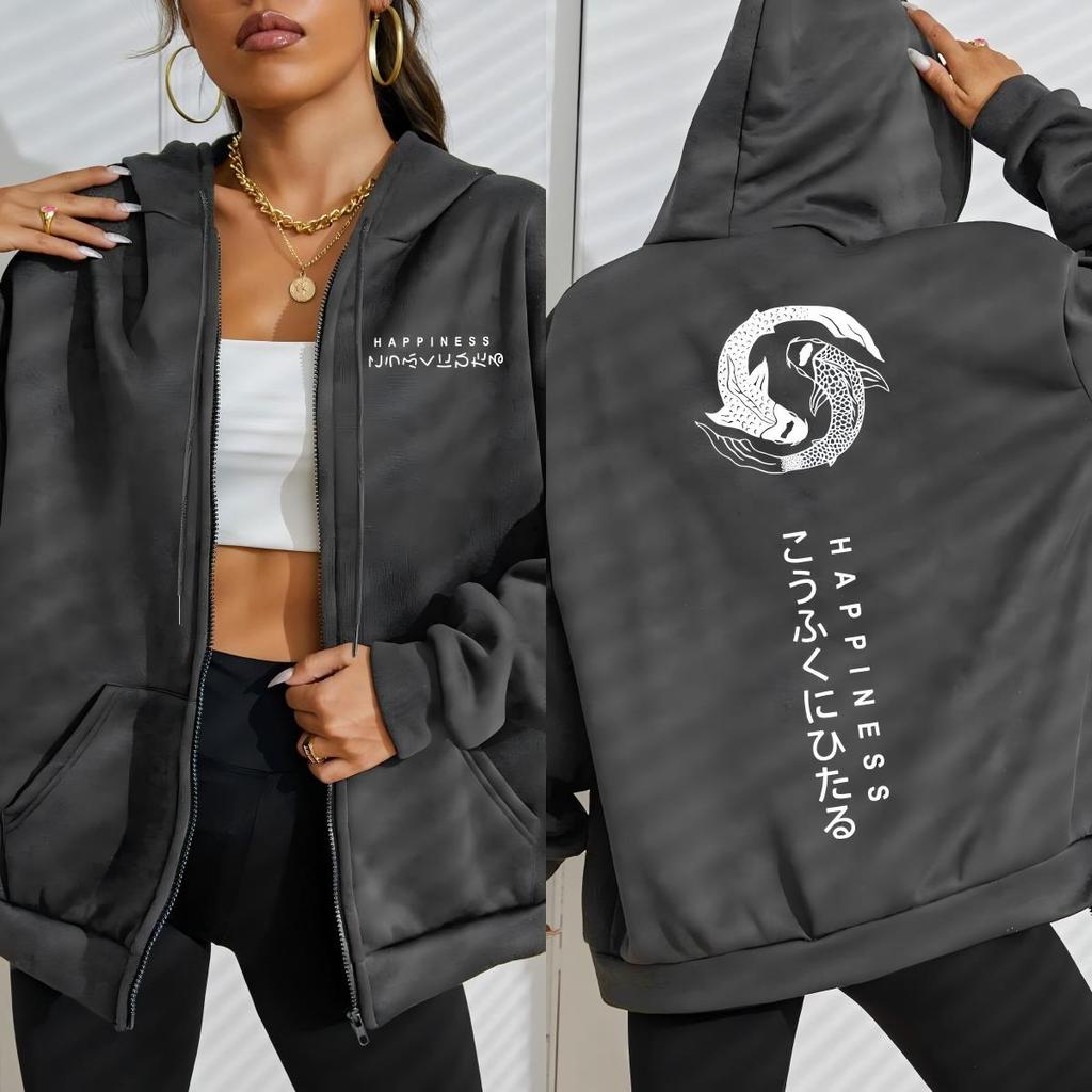 Two Koi Carps Of Happiness Printing Zipper Hoodie Women Street Fleece Hoody Casual Hoodies Autumn Loose Clothes
