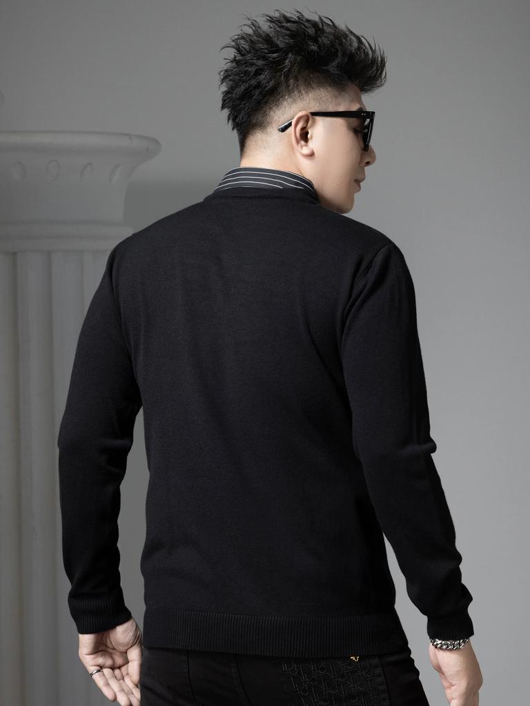 European-Style Men's Faux Two-Piece Knit Sweater 2025 New Autumn and Winter Warm Shirt Collar Sweater Solid Color Base Shirt for Men